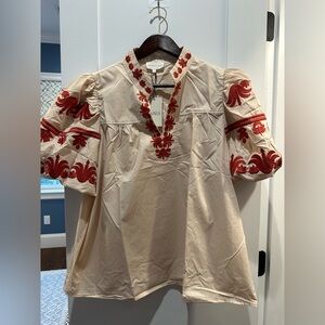 BRAND NEW NEVER WORN Entro Beige Blouse with Red Floral Embroidery